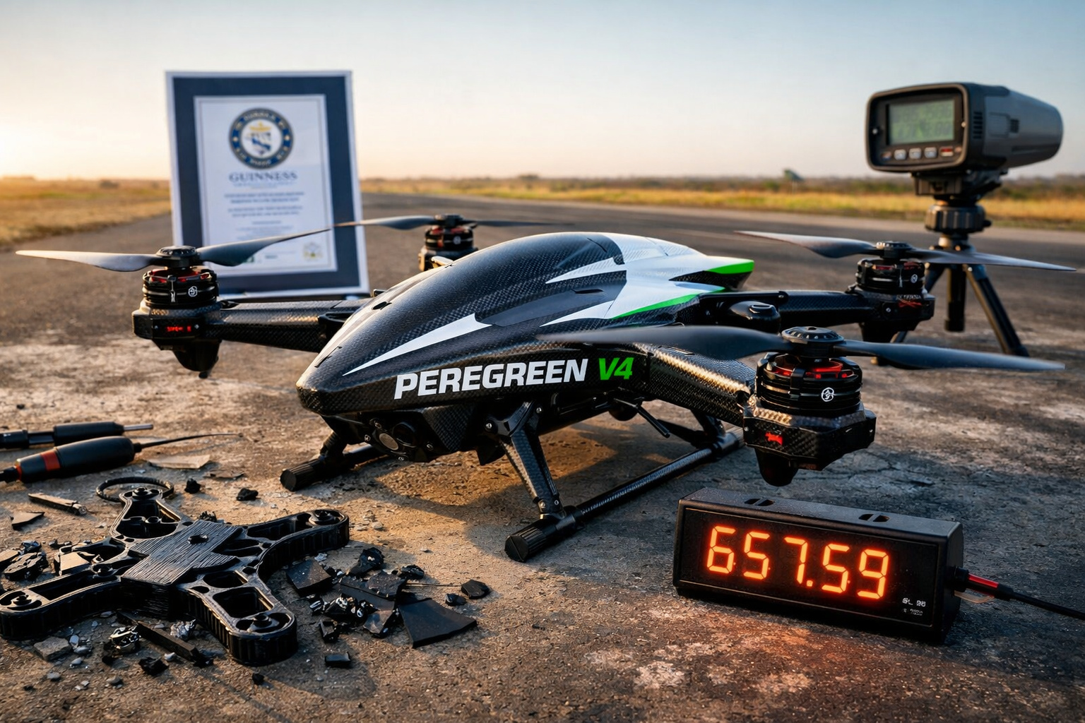 Pai e filho sul-africanos imprimem estrutura de drone em 3D, passam mais de 2 anos destruindo protótipos e alcançam 657,59 km/h com o Peregreen V4, recorde mundial homologado pelo Guinness que coloca o projeto independente entre os quadcopters elétricos mais rápidos já construídos