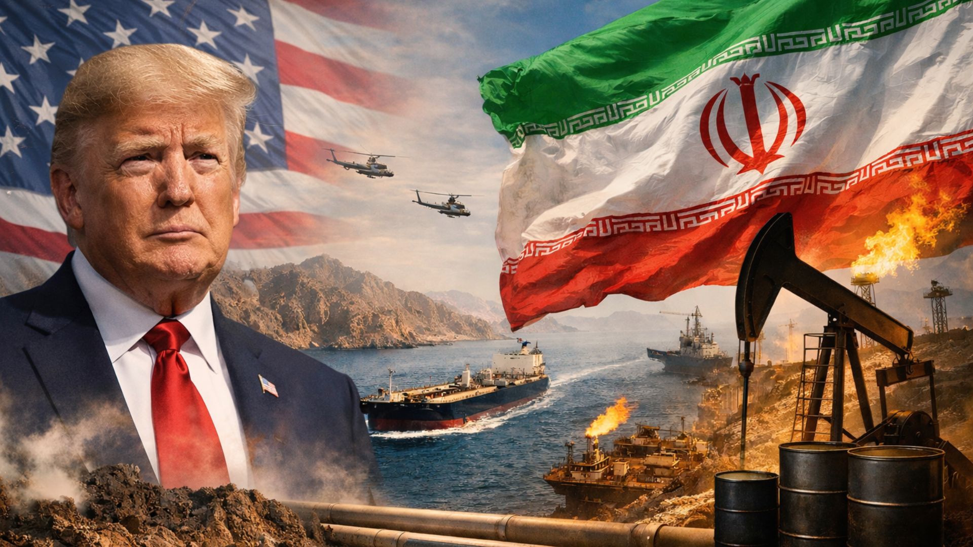 Donald Trump ao lado das bandeiras dos Estados Unidos e do Irã, com navios petroleiros no Estreito de Ormuz e estruturas de petróleo em cenário de tensão geopolítica