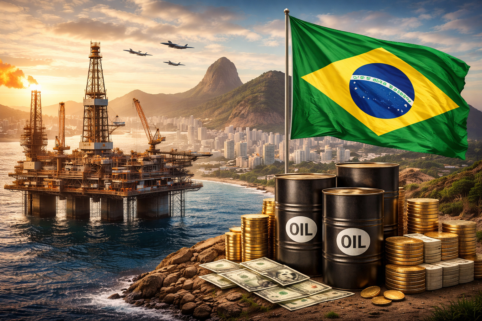 Plataforma de petróleo no Brasil com bandeira brasileira e barris de óleo representando crescimento do PIB impulsionado pelo petróleo