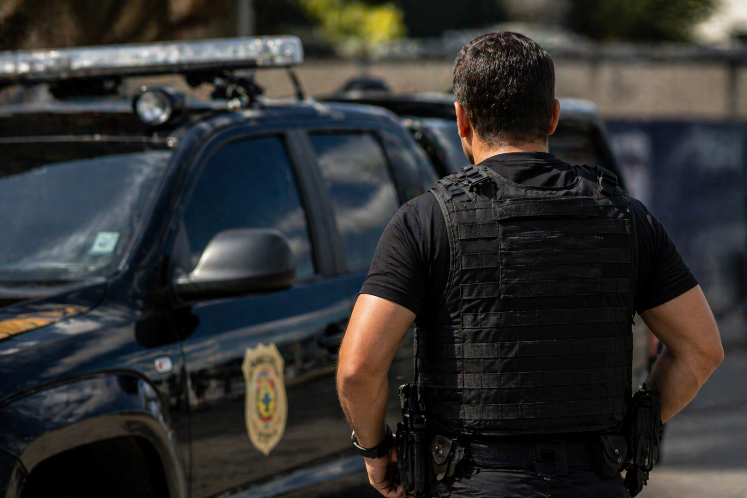 Imagem de policial em serviço ao lado de viatura, representando a atuação da Polícia Civil e o cenário de concursos públicos na área de segurança.