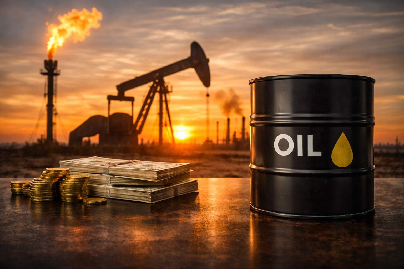 Barril de petróleo com plataforma de extração ao fundo durante o pôr do sol