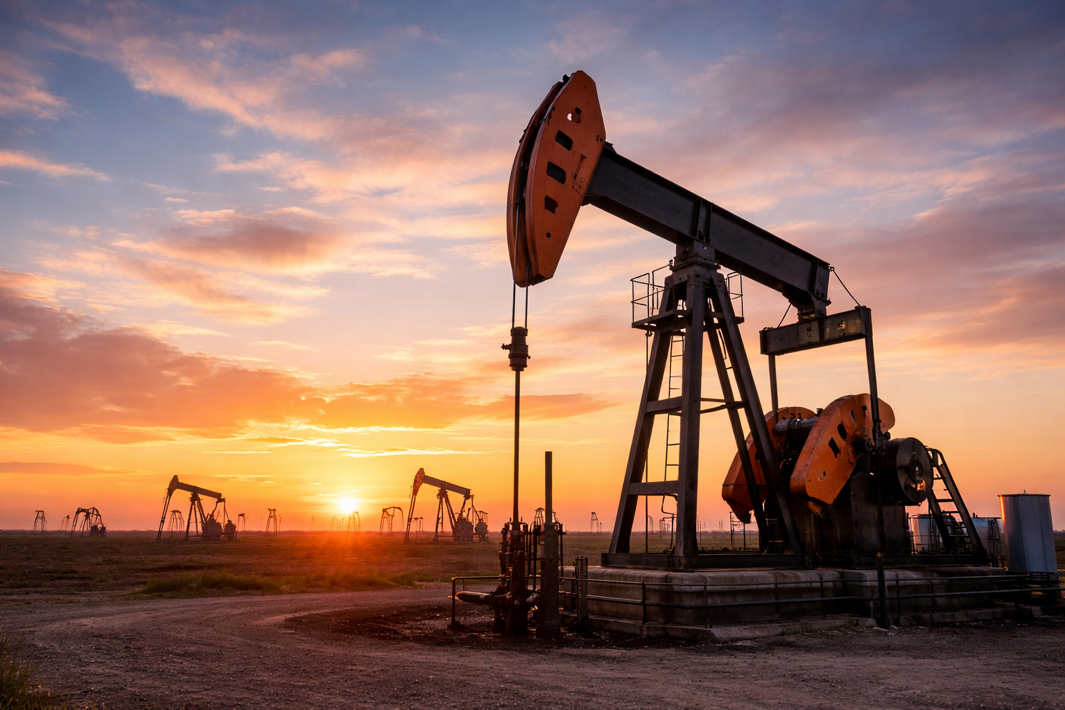Bomba de extração de petróleo em operação ao pôr do sol em campo petrolífero