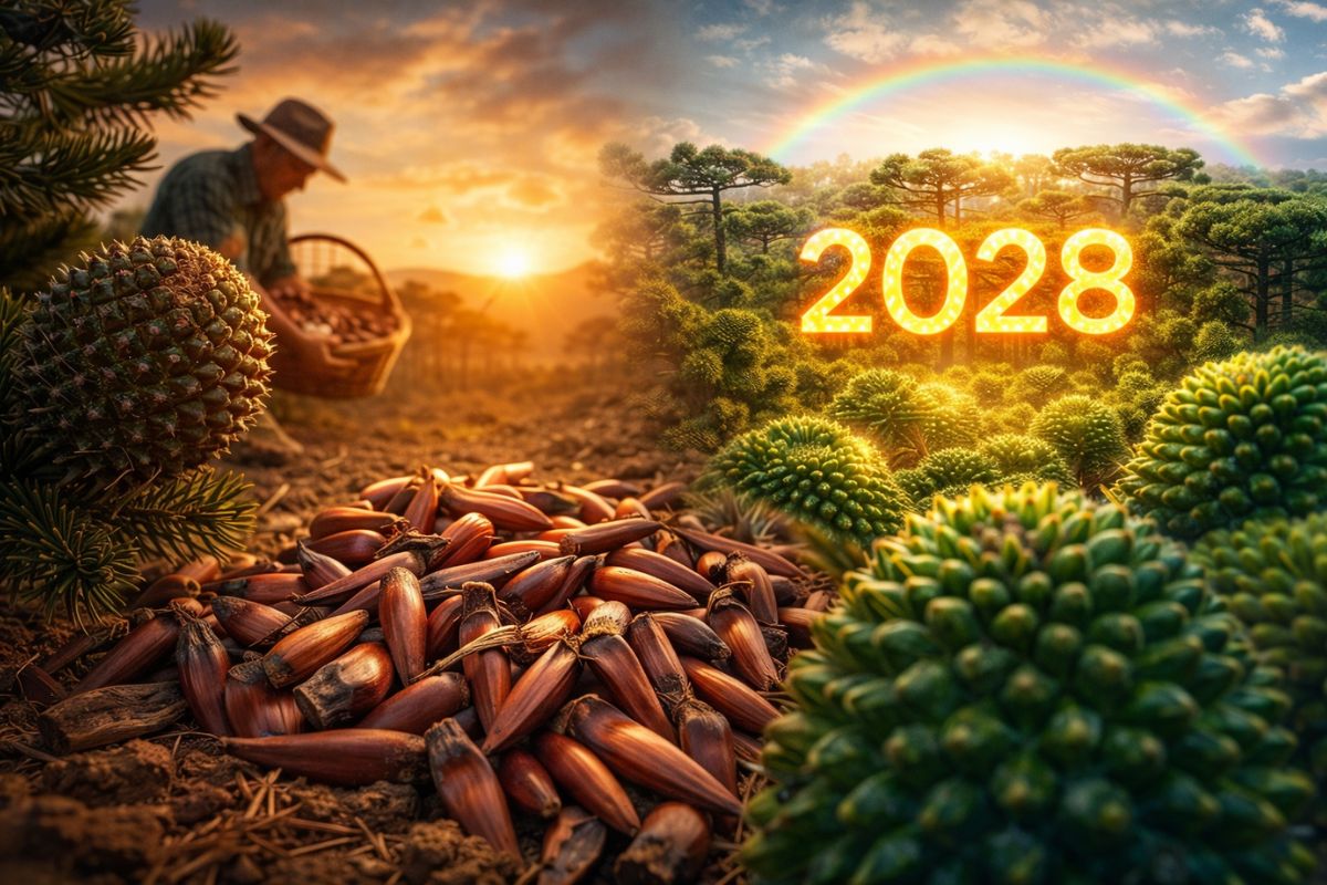 Produção de pinhão deve cair até 35% e colheita atrasa, mas 2028 aparece como a grande virada com chance de safra muito maior