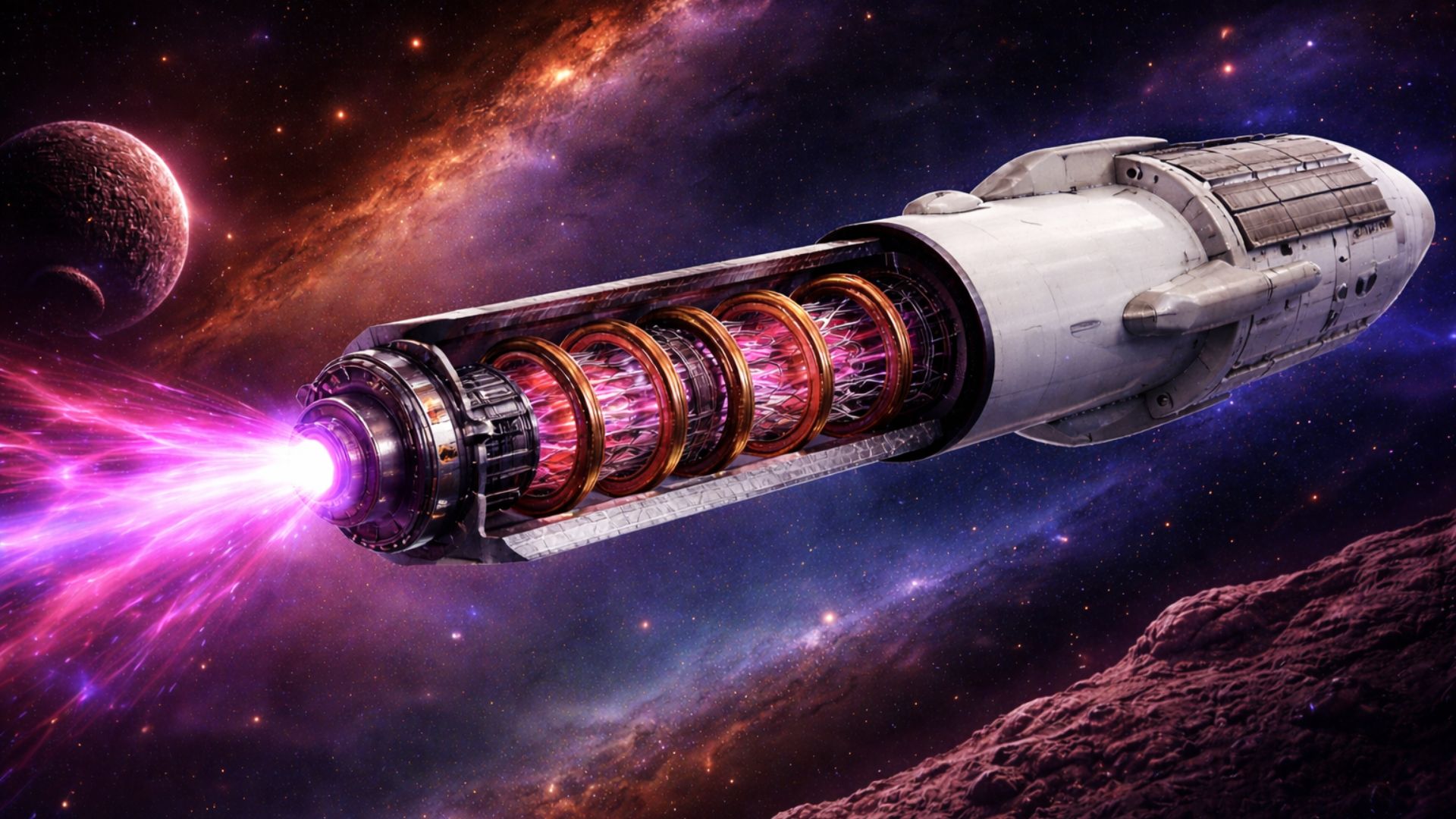 Foguete futurista com motor a fusão emitindo plasma roxo no espaço profundo, ilustrando avanço tecnológico que pode reduzir o tempo de viagem espacial até Marte