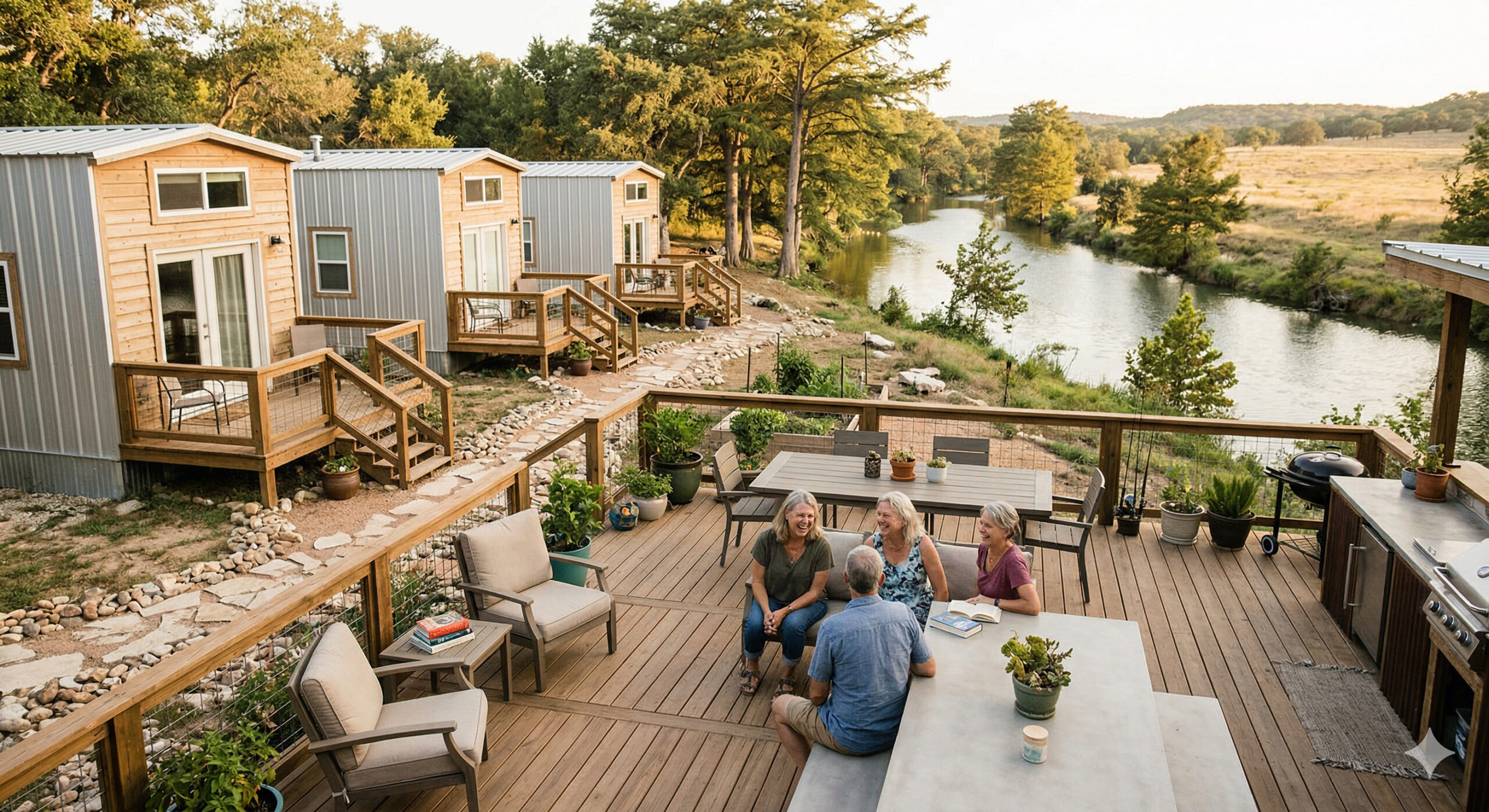 Quatro amigos com mais de 30 anos de amizade, construíram uma “mini vila” às margens de um rio no Texas