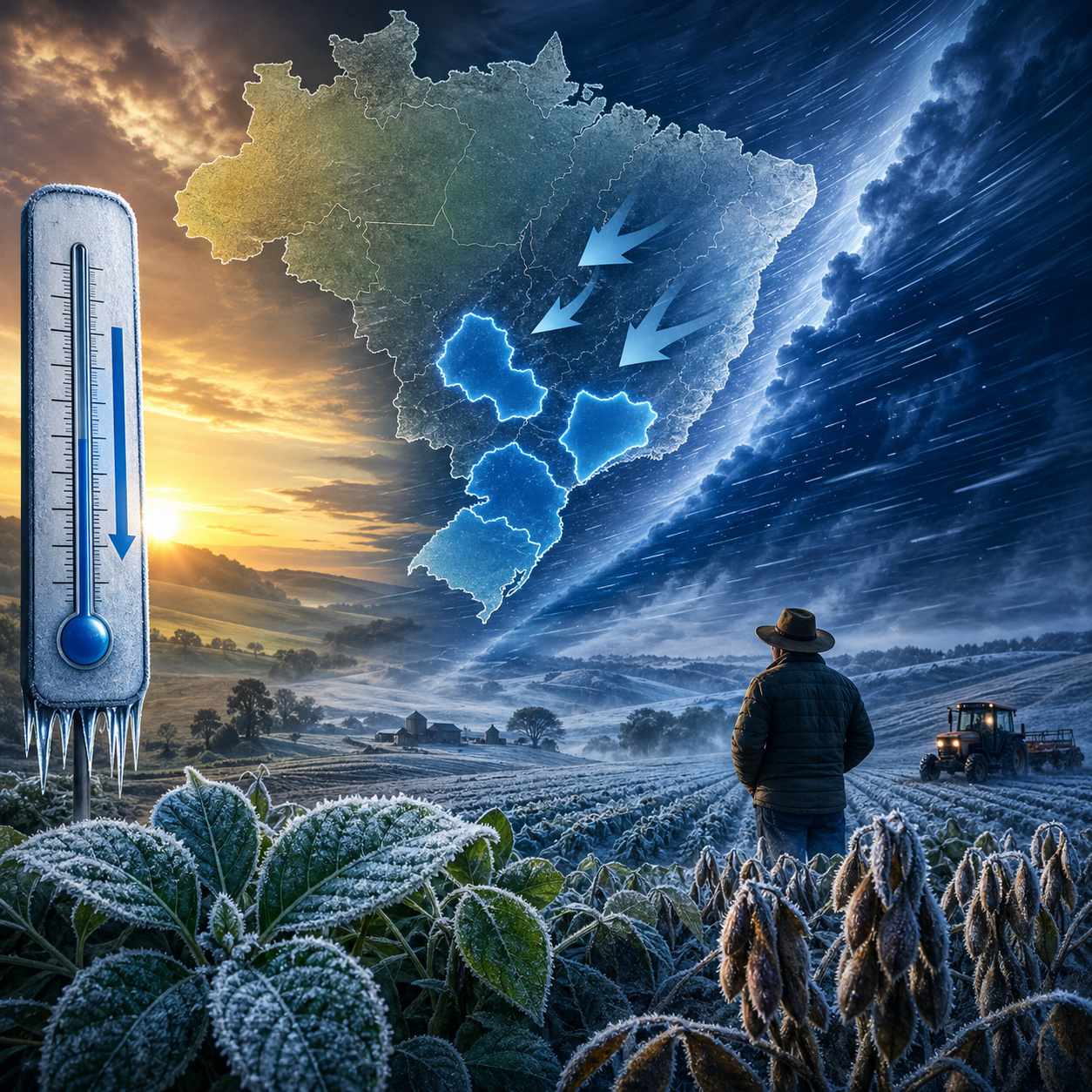 Sul de Mato Grosso do Sul, sul de São Paulo, Sul de Minas e Serra da Mantiqueira entram na zona mais crítica do frio de maio, com calor acima do normal antes da massa polar, queda brusca nas madrugadas e risco crescente para lavouras, hortaliças, café e áreas de baixada