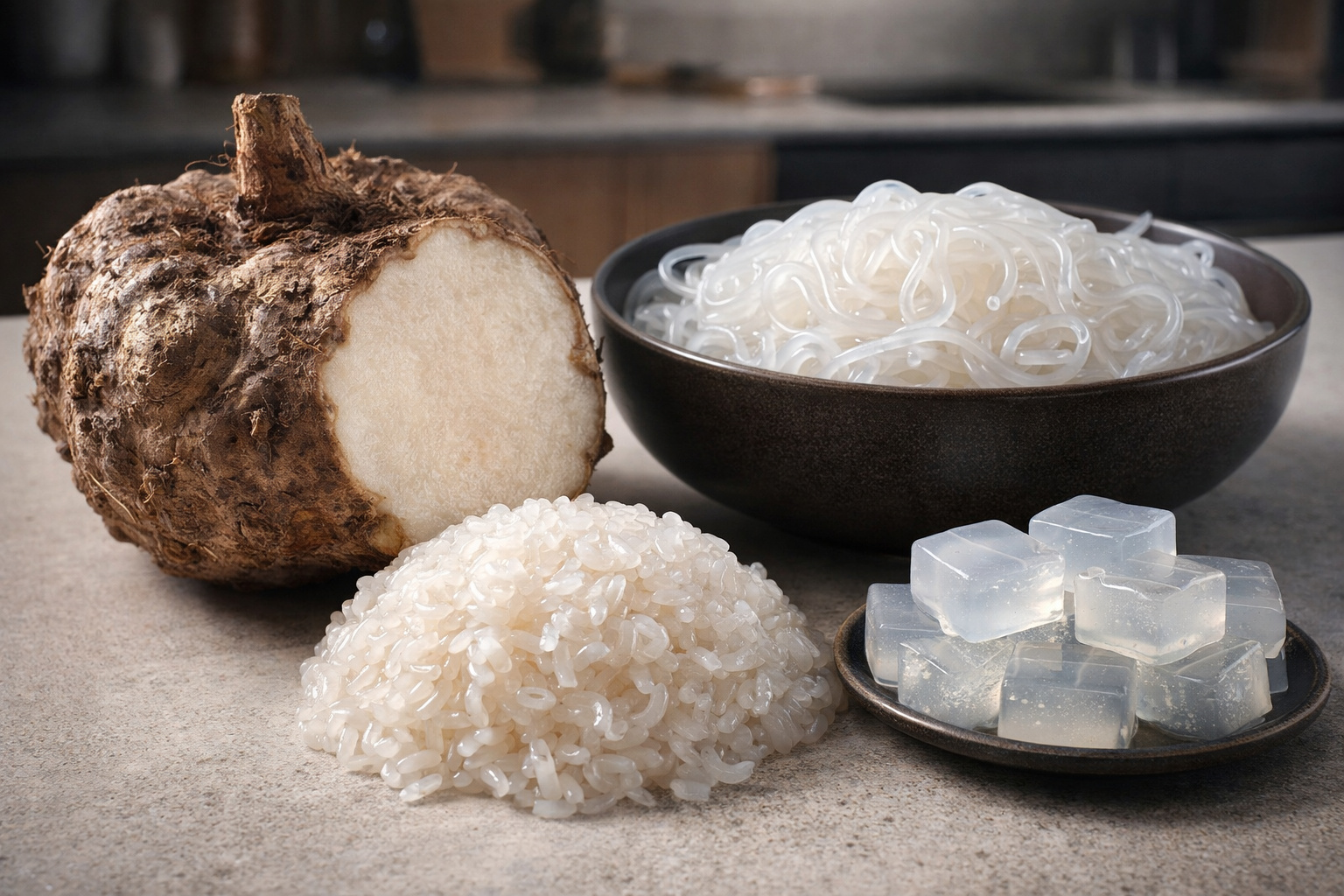 Conhecida como konjac, raiz usada há séculos na Ásia cria alimentos que praticamente não têm calorias, absorvem água, formam gel no organismo e estão sendo usados para substituir massas, arroz e até sobremesas