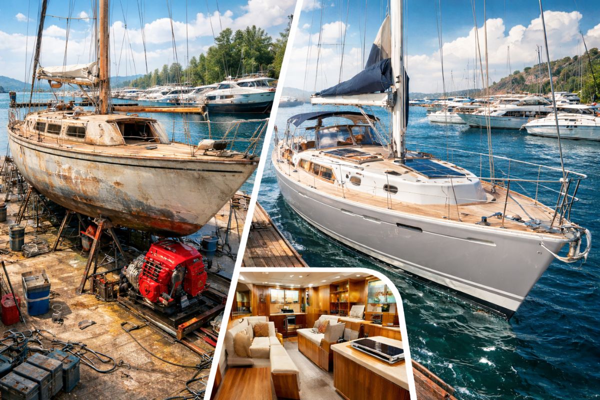 Reforma naval transforma veleiro de 40 anos comprado por US$ 5 mil em iate residencial reparo estrutural de cascoquilhas, pintura Awlgrip, troca do motor (5)