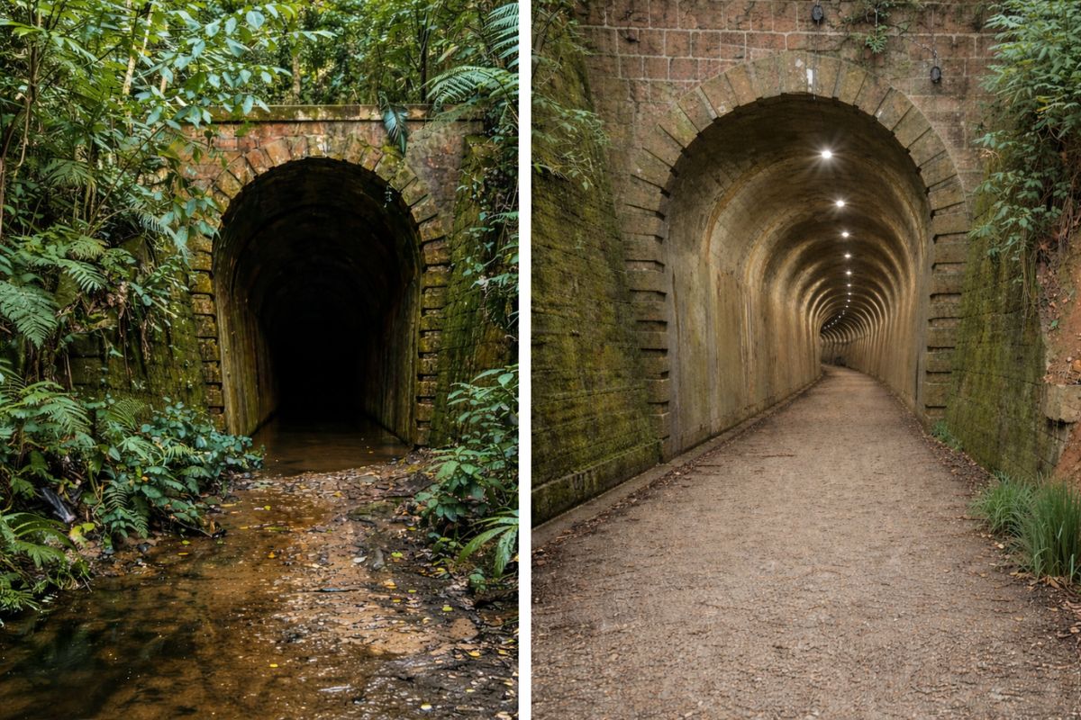 Reinaugurado em 1004, maior túnel da antiga ferrovia de Santa Catarina em Ribeirão Carvalho tem 260 m, ganhou acesso e iluminação após décadas abandonado desde 1971 e agora integra (2)