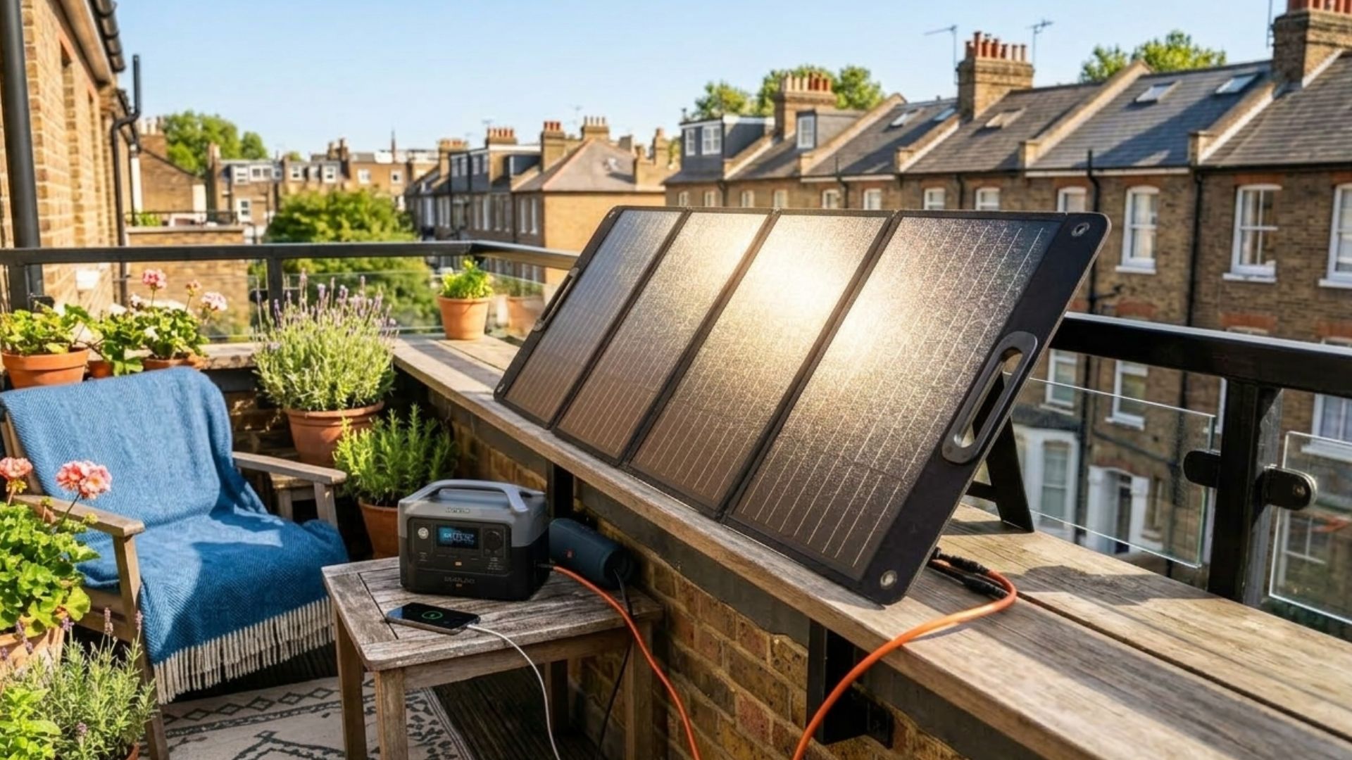 Painéis solares portáteis instalados em varanda de apartamento no Reino Unido gerando energia limpa conectados a uma bateria portátil em ambiente residencial urbano