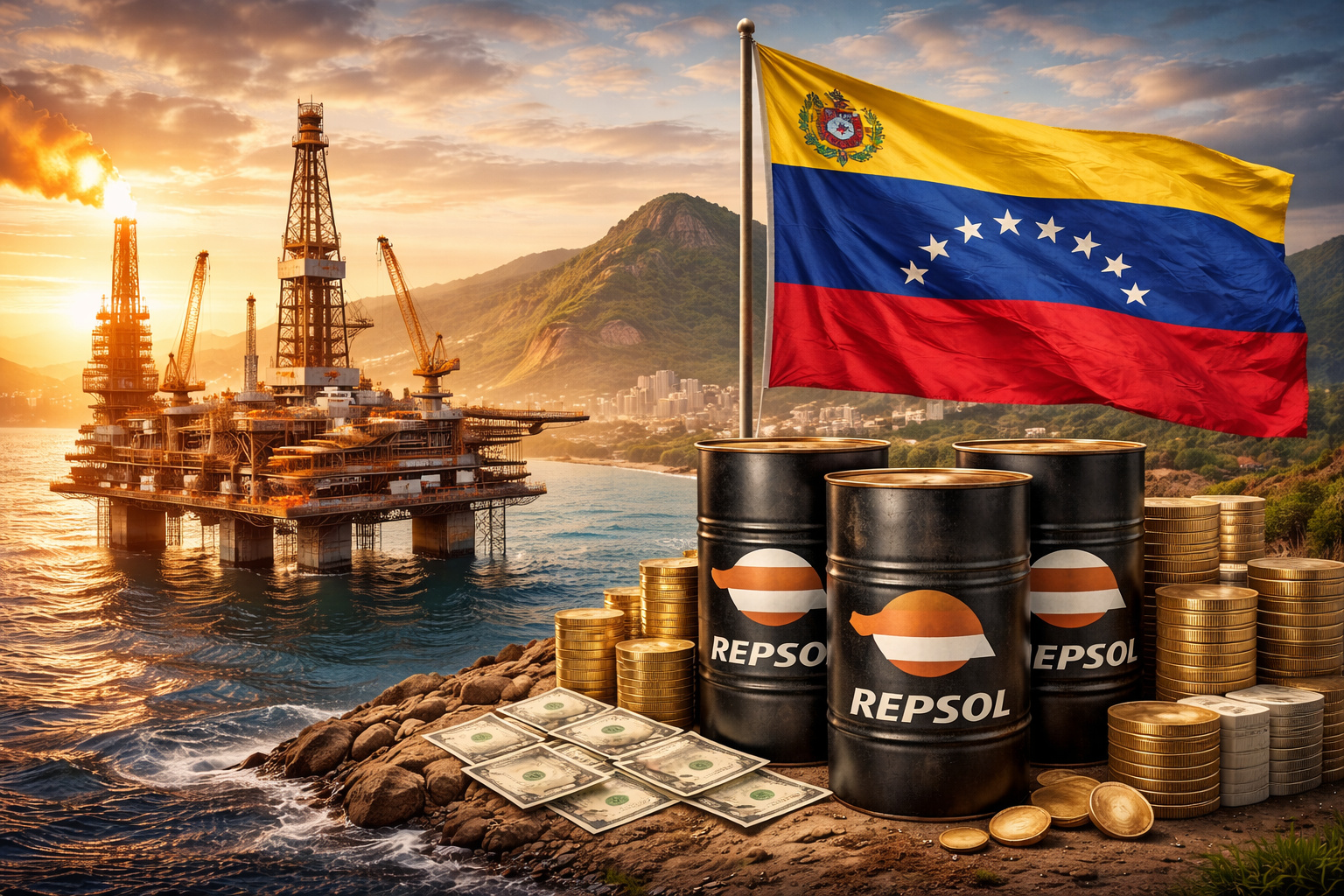 Plataforma de petróleo na Venezuela com barris da Repsol e bandeira venezuelana representando retomada das operações petrolíferas