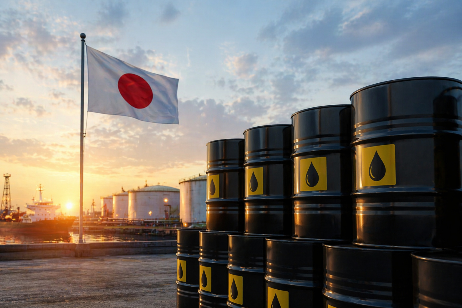 Barris de petróleo em terminal com bandeira do Japão ao fundo durante pôr do sol