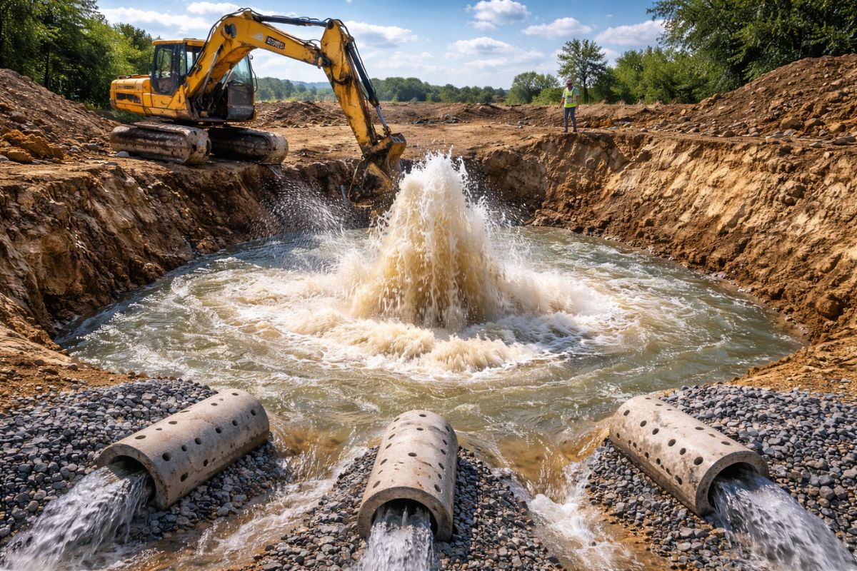 Retroescavadeira cava piscinão a 6 m e abre uma fonte de água gigante areia sobe do fundo, drenos com manilhas e brita seguram, e a vazão chega a 110 mil litros por hora (3)