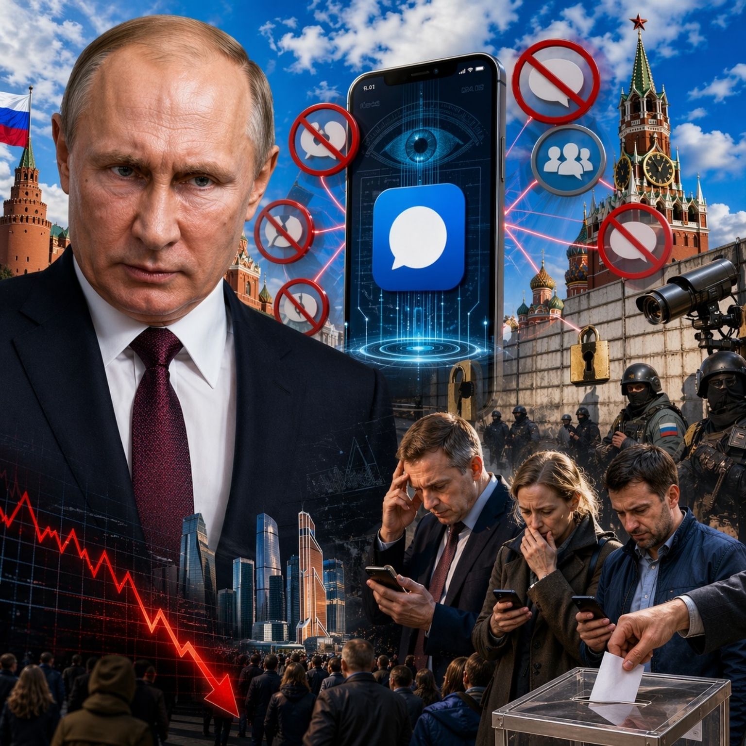 Rússia acelera internet fechada após 37 mil horas de apagões em 2025 e prejuízo de quase US$ 12 bilhões, Putin bloqueia WhatsApp e Telegram, caça VPNs e empurra (1)