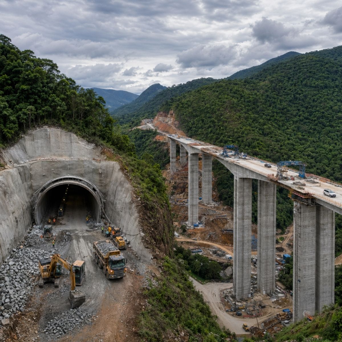 SC fura morros com túnel de mil metros e ergue viadutos a 35m na BR-280. Contorno de Jaraguá do Sul tem 77% pronto e investimento de R$ 985 milhões. Veja detalhes.
