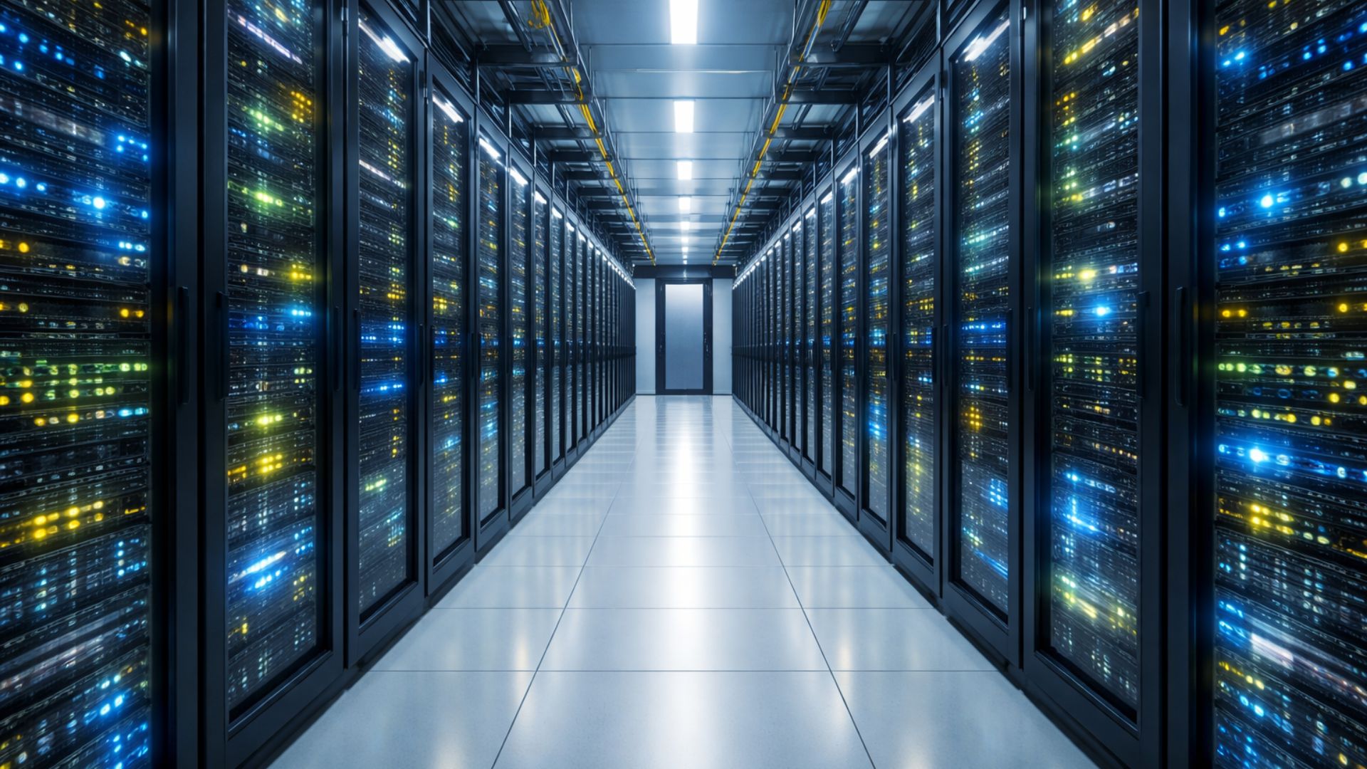 Corredor interno de data center com racks de servidores iluminados, representando infraestrutura digital de alto consumo de água e eficiência energética.