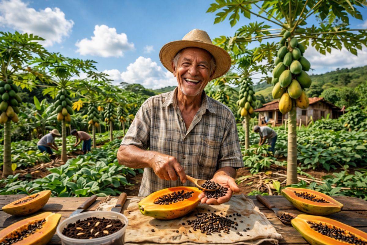 Seu Mário revela a técnica do mamão caipira corta a fruta ao meio, descarta as sementes da ponta e planta as de trás para aumentar a chance de pé fêmea bem produtivo