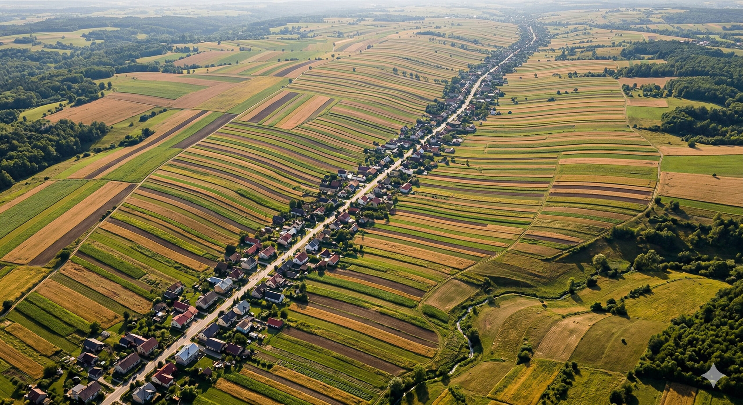 Vila na Polônia concentra quase 6 mil moradores ao longo de uma rua de 9 km e impressiona com faixas agrícolas únicas vistas do alto.