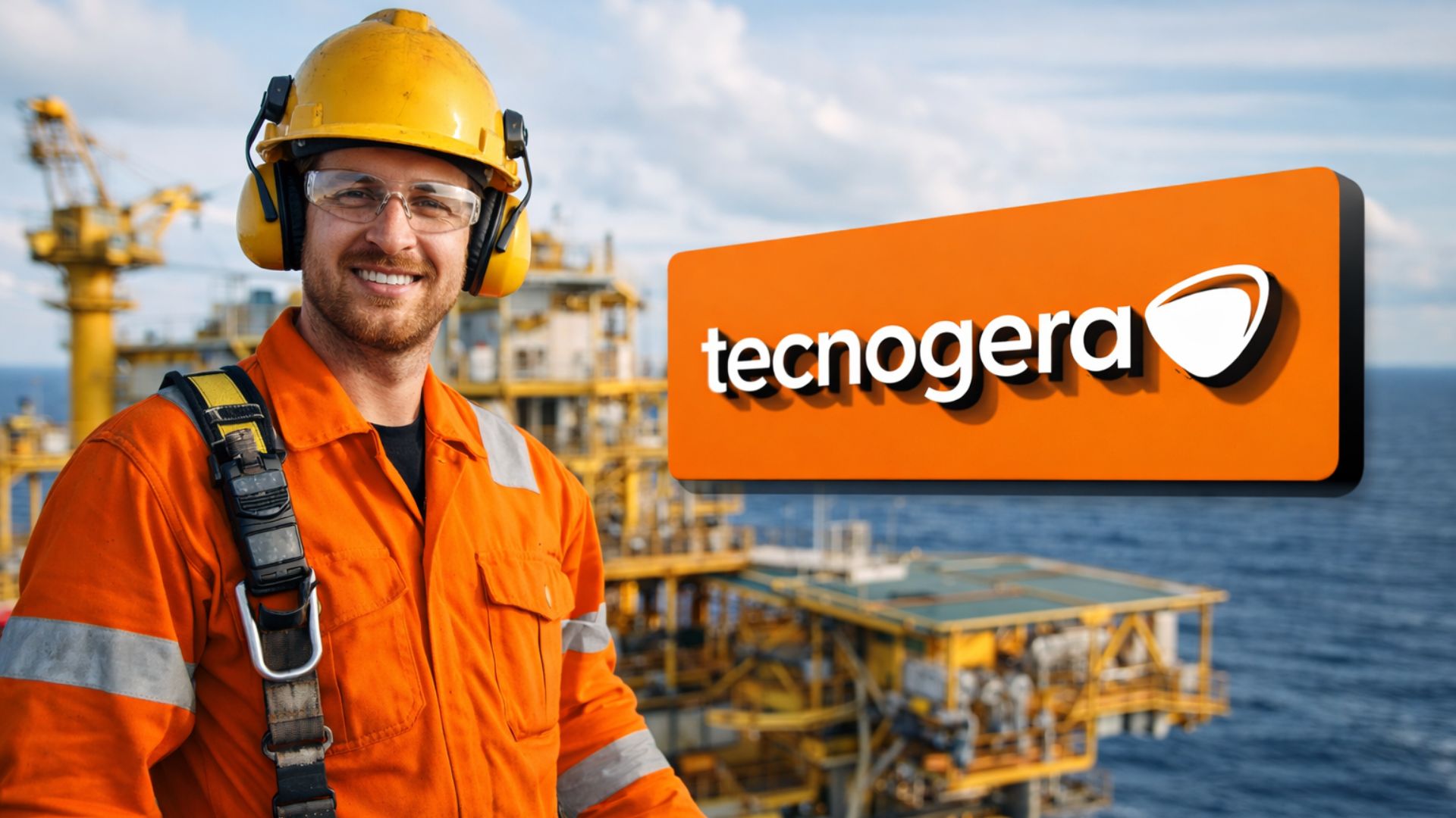 Trabalhador offshore em plataforma de petróleo usando uniforme de segurança laranja ao lado do logotipo da Tecnogera em destaque