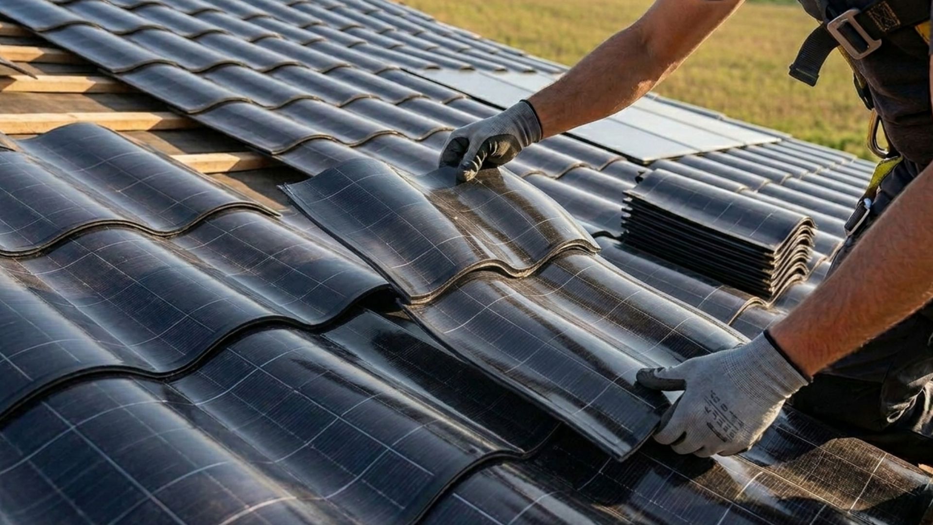 Instalação de telhas solares onduladas de filme fino sendo aplicada sobre telhado residencial por trabalhador com luvas em ambiente externo