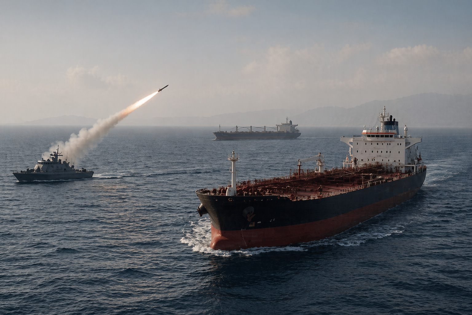 Navios comerciais no mar com presença militar em cenário de tensão no Estreito de Ormuz