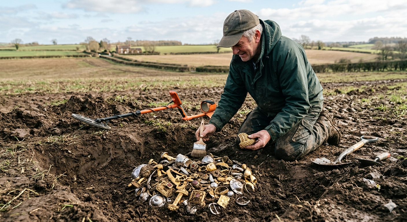 Maior tesouro anglo-saxão já encontrado foi descoberto por trabalhador com detector em campo agrícola na Inglaterra e revelou mais de 4.600 peças de ouro e prata do século VII, conjunto com 5 kg de ouro avaliado em £3,285 milhões