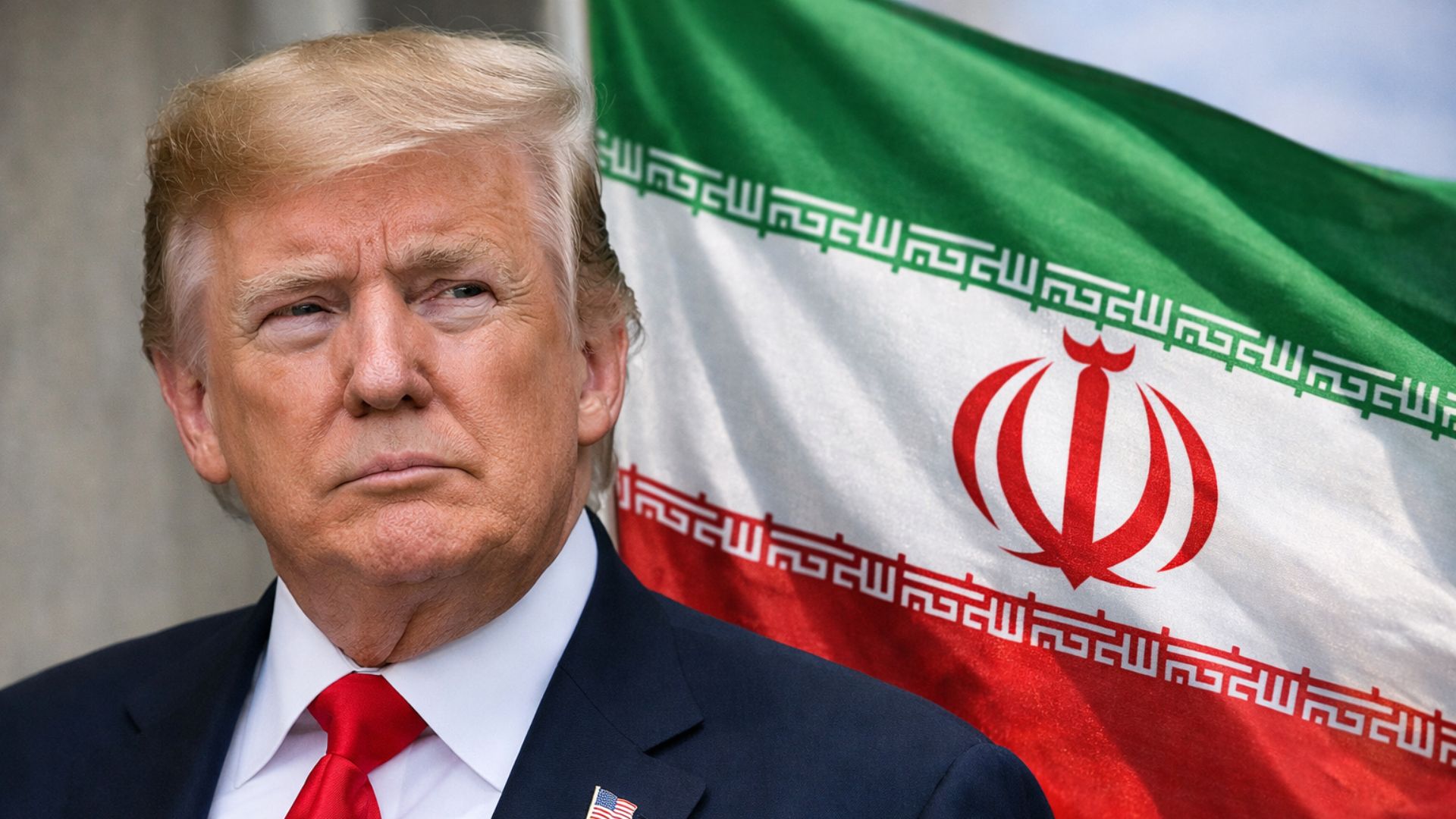 Donald Trump em primeiro plano com bandeira do Irã ao fundo, representando tensão diplomática e negociações sobre urânio enriquecido e armas nucleares