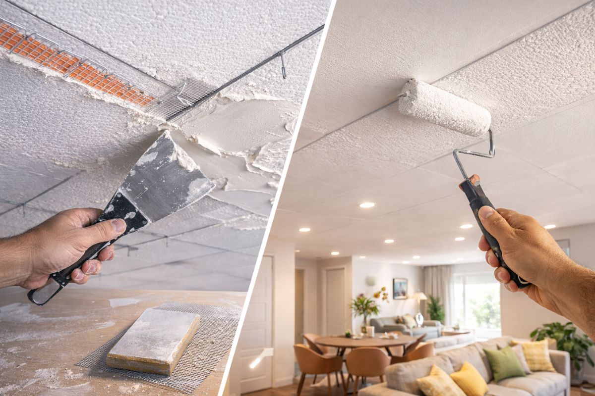 Truque com massa corrida transforma forro de isopor em teto com cara de gesso placas niveladas, arames e tela nas emendas, lixa, pinta e muda o ambiente gastando pouco hoje (1)