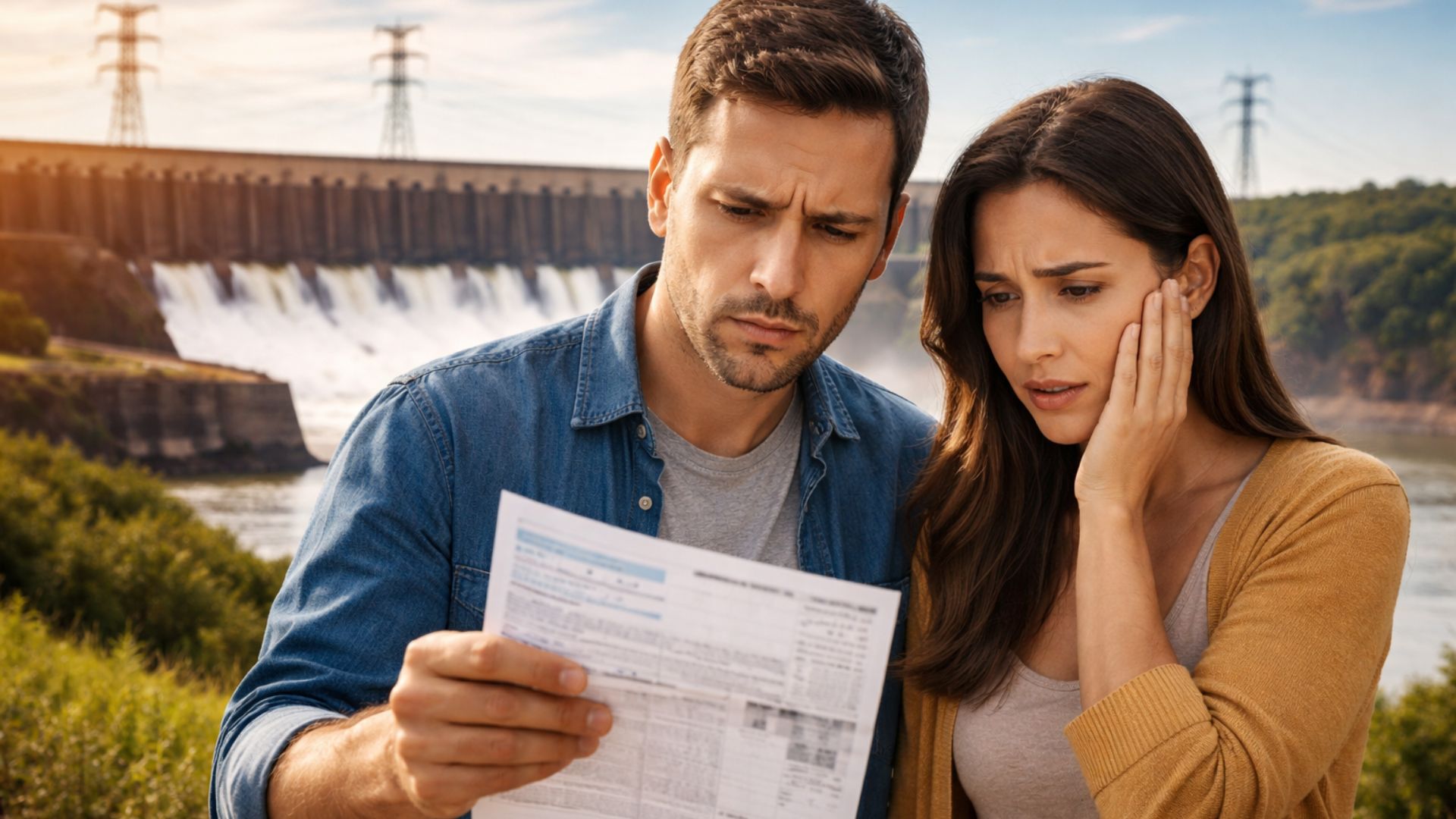 Casal preocupado analisa conta de luz alta com usina de Itaipu ao fundo, representando aumento da energia para brasileiros
