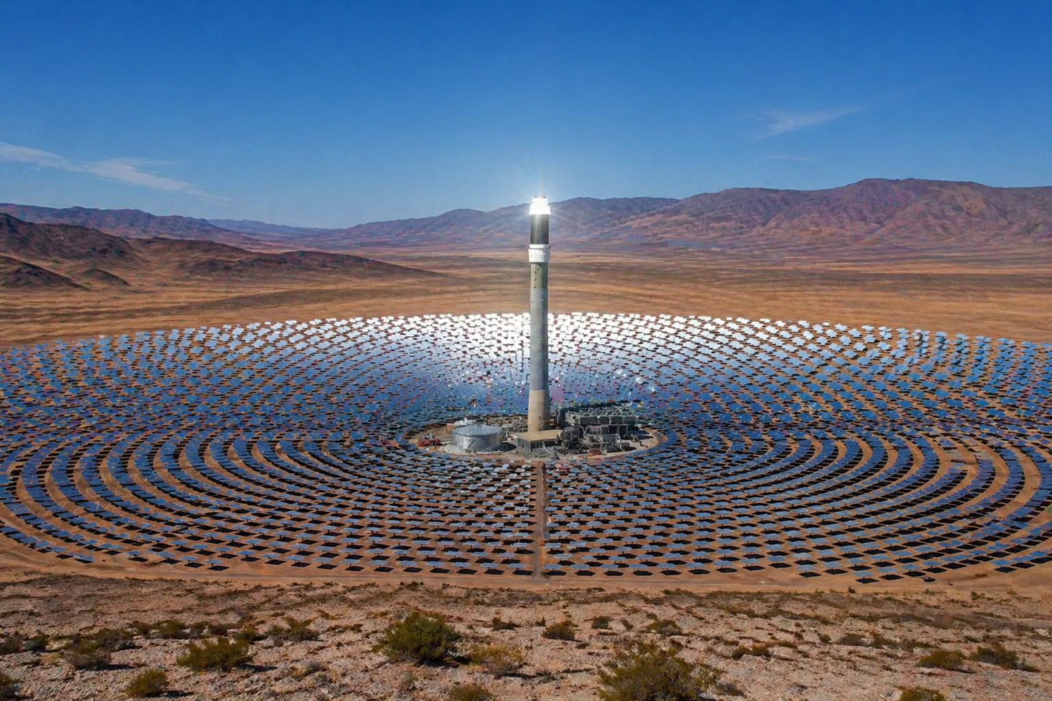 Usina de energia solar no deserto com torre central e espelhos ao redor