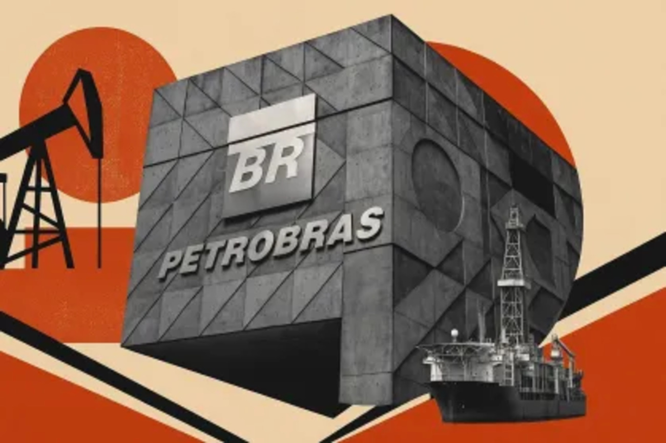 Ilustração da Petrobras com prédio institucional, plataforma de petróleo offshore e bomba extratora ao fundo em estilo gráfico.