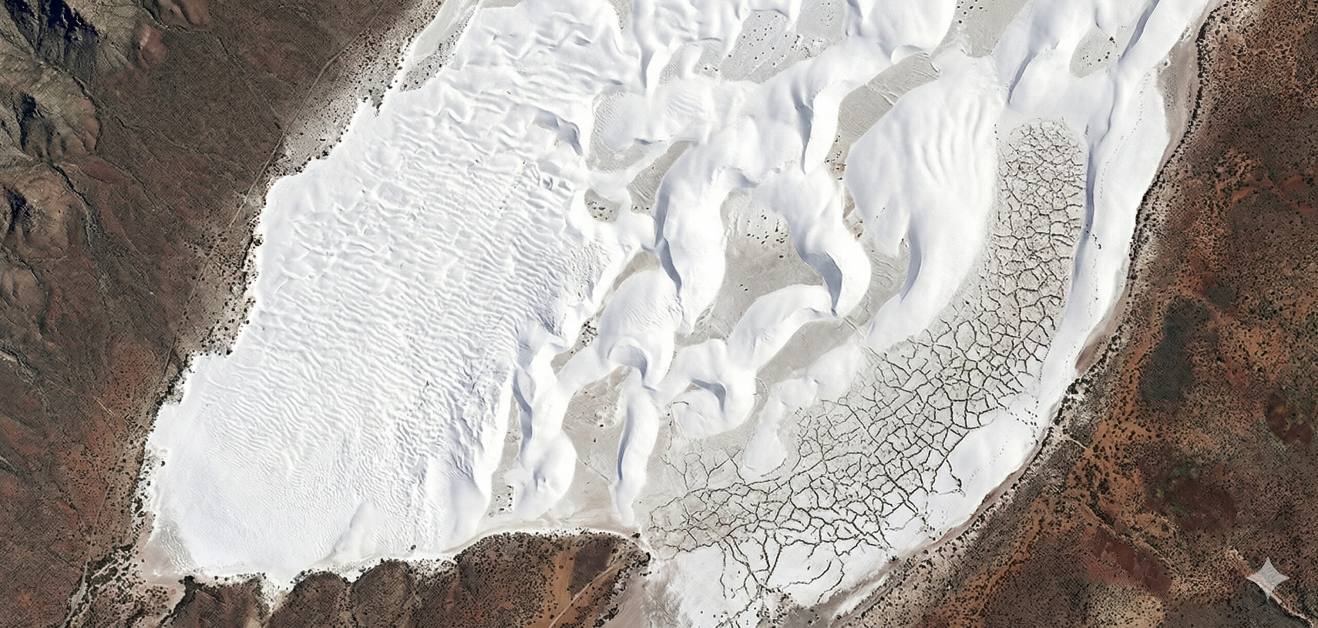 White Sands, no Novo México, com mais de 700 km² de dunas de gipsita que não deveriam existir em ambiente desértico, foi destacado pela NASA em imagens orbitais como uma das paisagens mais brilhantes visíveis do espaço e preserva marcas humanas de até 23 mil anos formadas quando a região ainda era ocupada por um antigo lago glacial