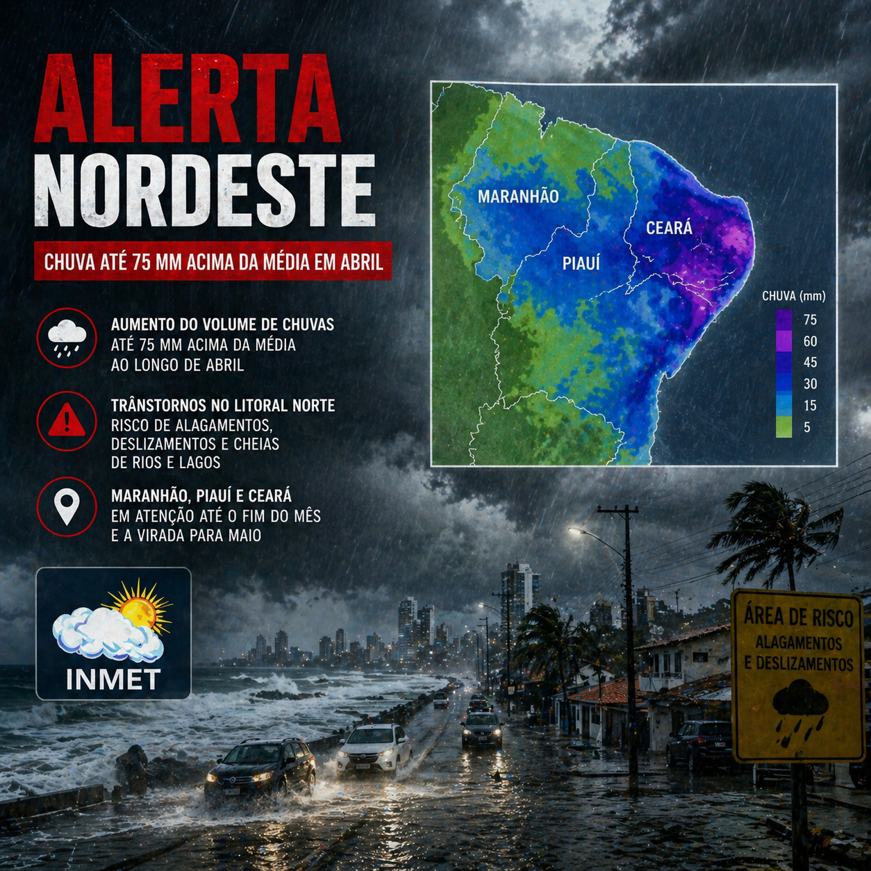 INMET acende alerta para o Nordeste com chuva até 75 mm acima da média em abril, amplia preocupação com transtornos no litoral norte e mantém Maranhão, Piauí e Ceará em atenção até o fim do mês e a virada para maio.