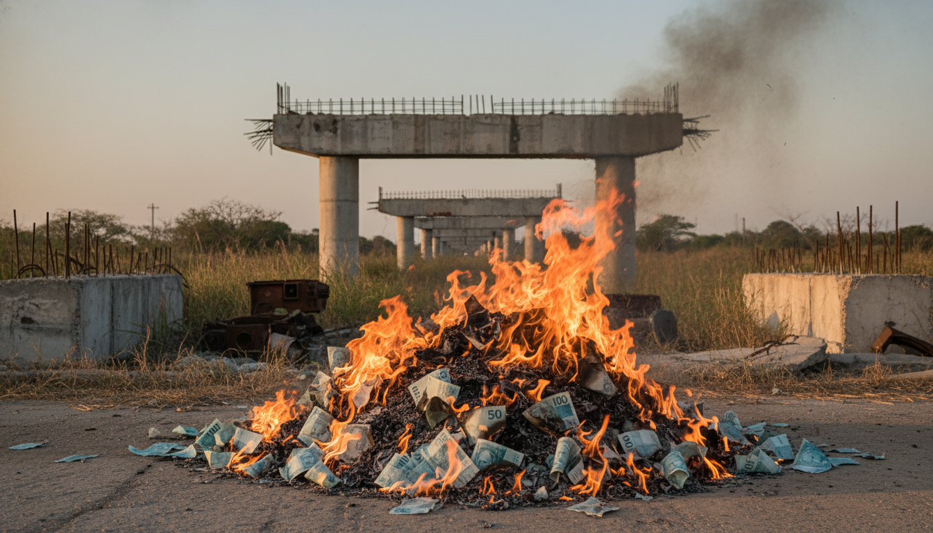 Representação de desperdício financeiro em projeto de infraestrutura abandonado