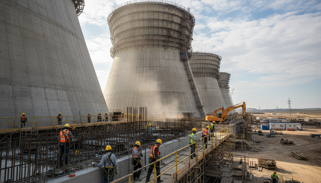 Trabalhadores em canteiro de obras de usina nuclear com estruturas de concreto