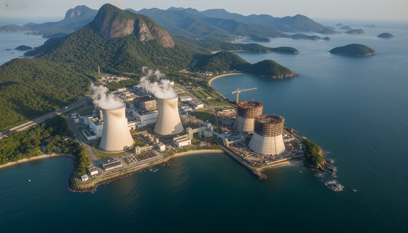Vista aérea do complexo nuclear de Angra dos Reis com duas usinas operando e a terceira em construção