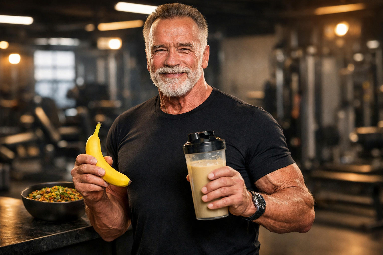 Arnold Schwarzenegger aos 78 anos com banana, proteína em pó e lentilhas em dieta saudável