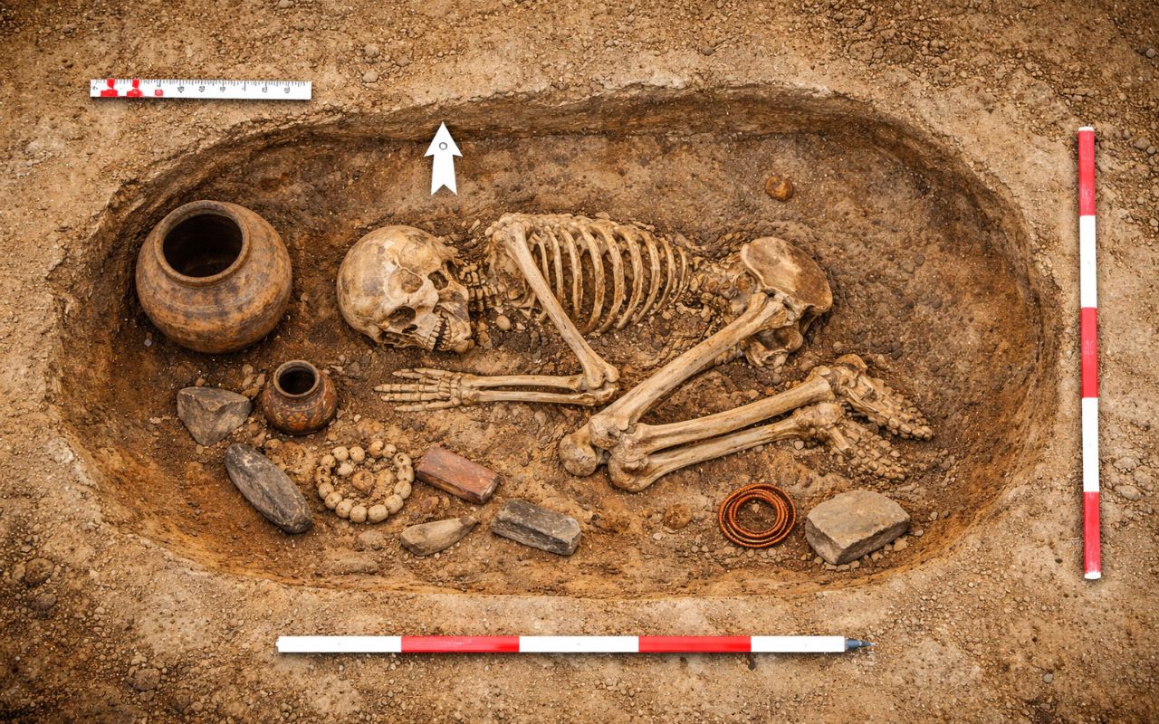 Arqueólogos descobrem tumba intacta de 4.500 anos na Romênia com artefatos da cultura Yamnaya. O sepultamento revela rituais, adornos e legado genético que influenciou populações modernas.