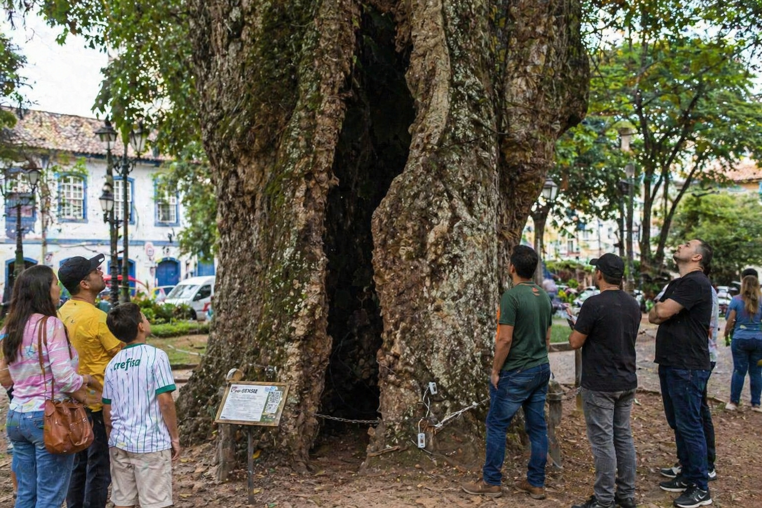 árvore centenária com cratera no tronco em praça