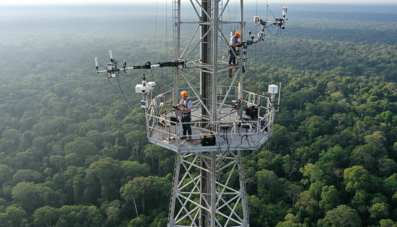 Cientistas coletando dados em torre de monitoramento climático no meio da floresta amazônica