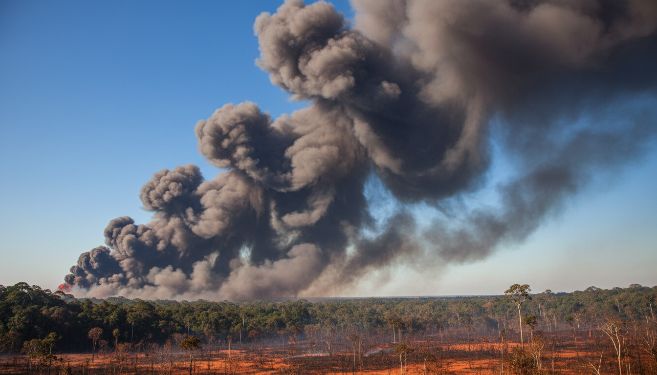Incêndio florestal na Amazônia com fumaça densa sobre a floresta tropical brasileira
