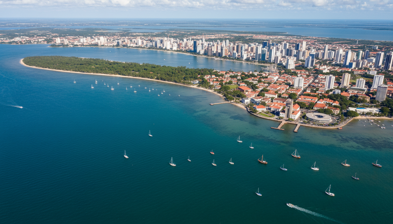 Vista aérea da Baía de Todos-os-Santos com Salvador e Ilha de Itaparica