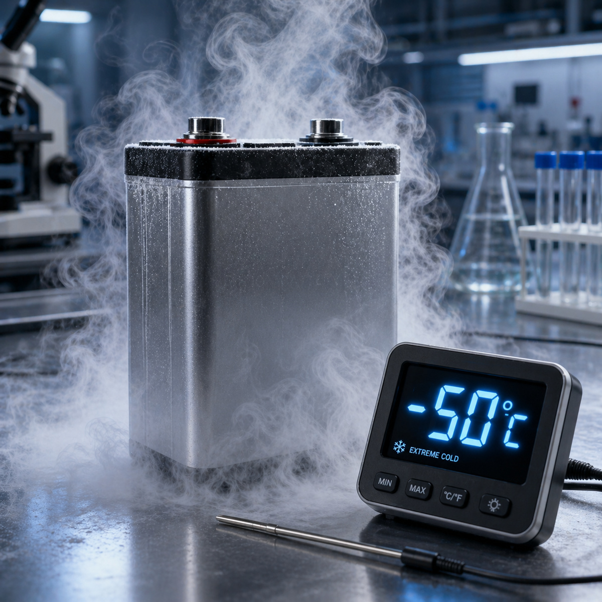 Bateria de lítio em ambiente laboratorial com fumaça fria ao redor e termômetro digital indicando −50 °C durante teste em condições extremas