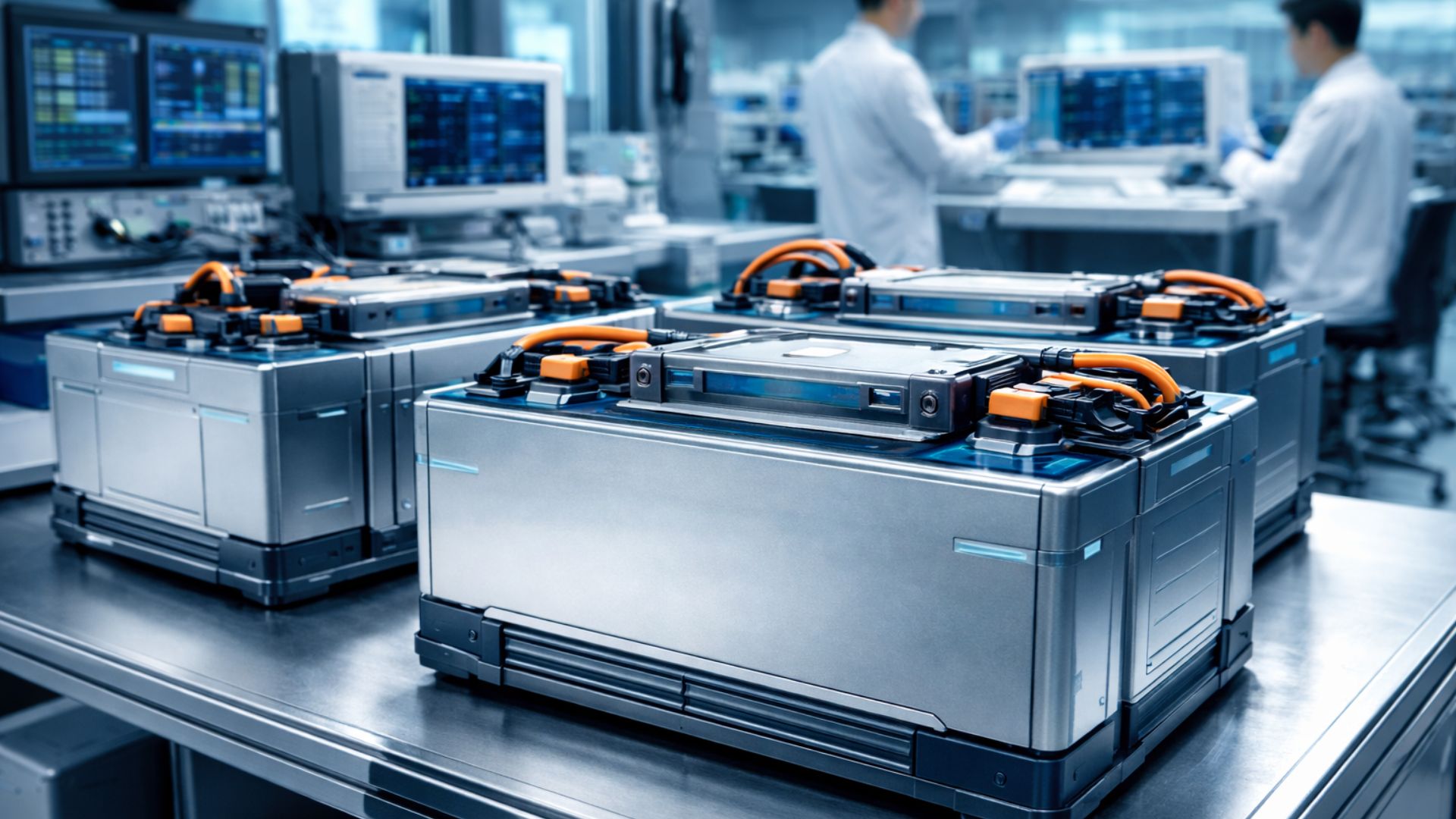Baterias de sódio em ambiente de laboratório com equipamentos tecnológicos e pesquisadores ao fundo, destacando testes e avanços no armazenamento de energia
