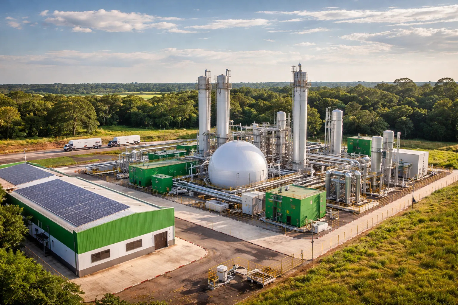 Usina industrial de biometano com painéis solares e tanques cercada por área verde