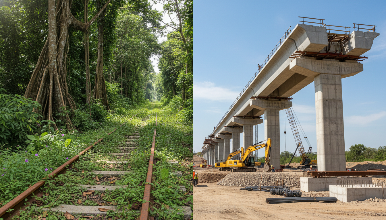 Contraste entre trilhos abandonados no Brasil e construção moderna de ferrovia de alta velocidade nos Estados Unidos