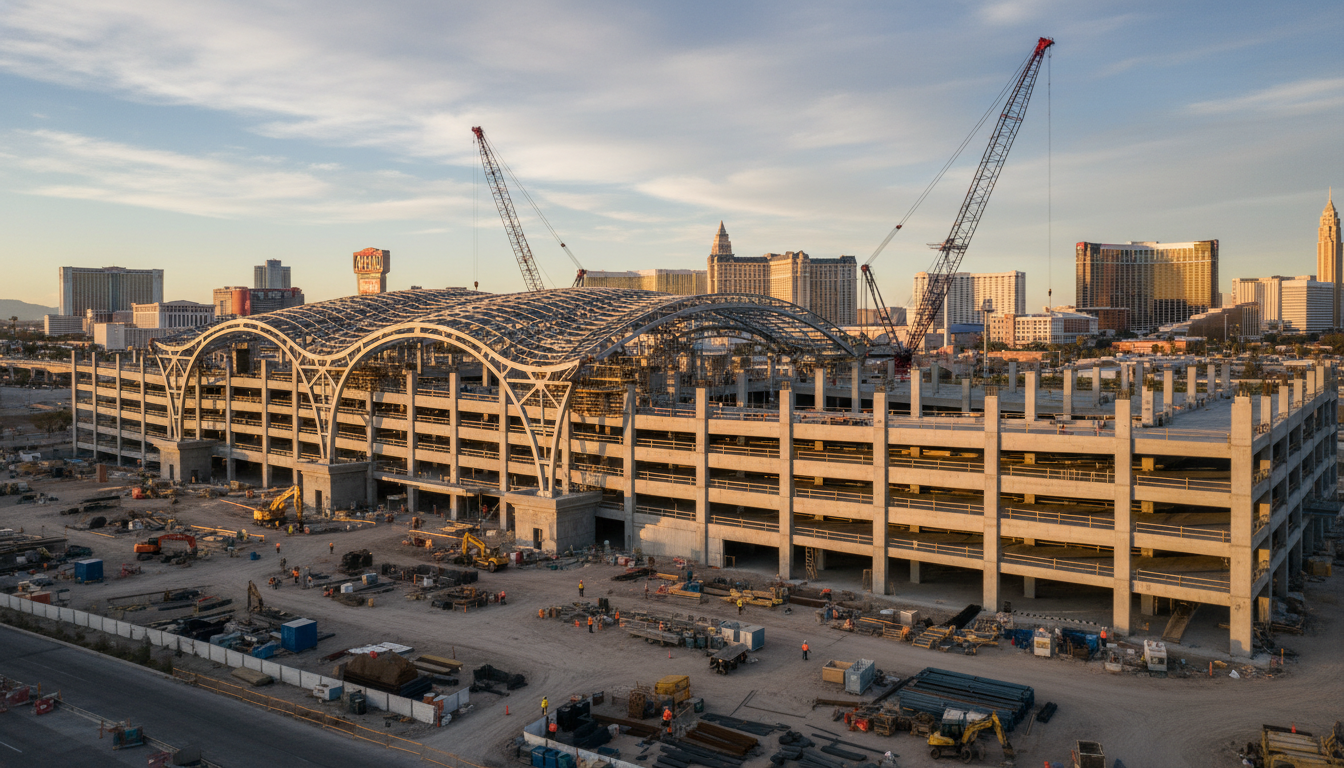 Estação de trem de alta velocidade em construção em Las Vegas com garagem tomando forma
