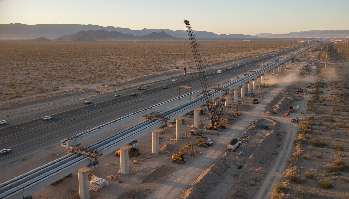Operários construindo trilhos de trem de alta velocidade no deserto de Nevada ao longo da Interstate 15