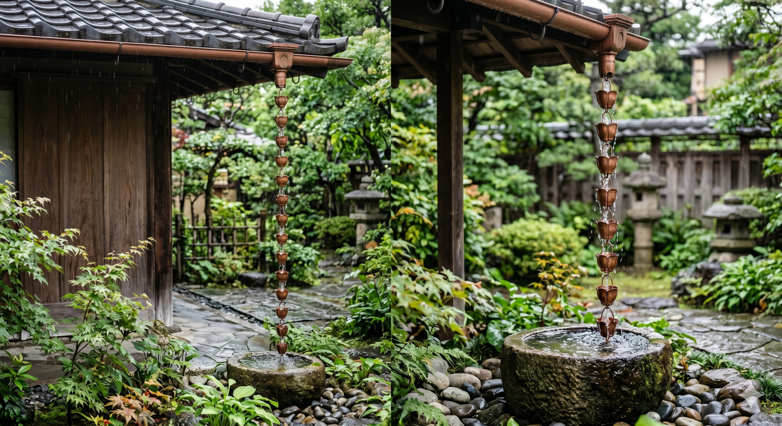 Fim da calha comum: sistema japonês com correntes metálicas substitui tubos, transforma chuva em cascata decorativa e ainda reduz custo e entupimentos na instalação