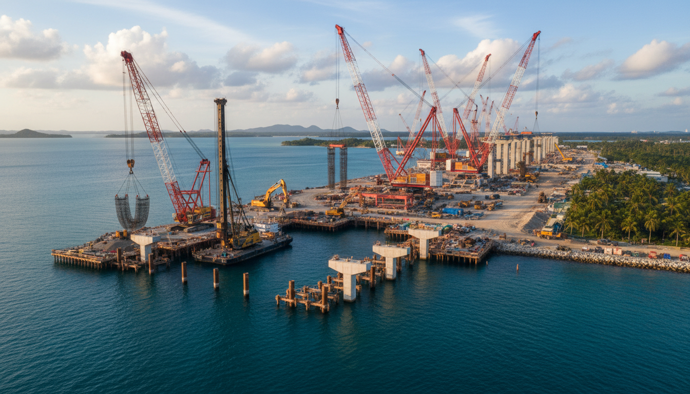 Canteiro de obras com guindastes preparando fundação de ponte sobre baía tropical